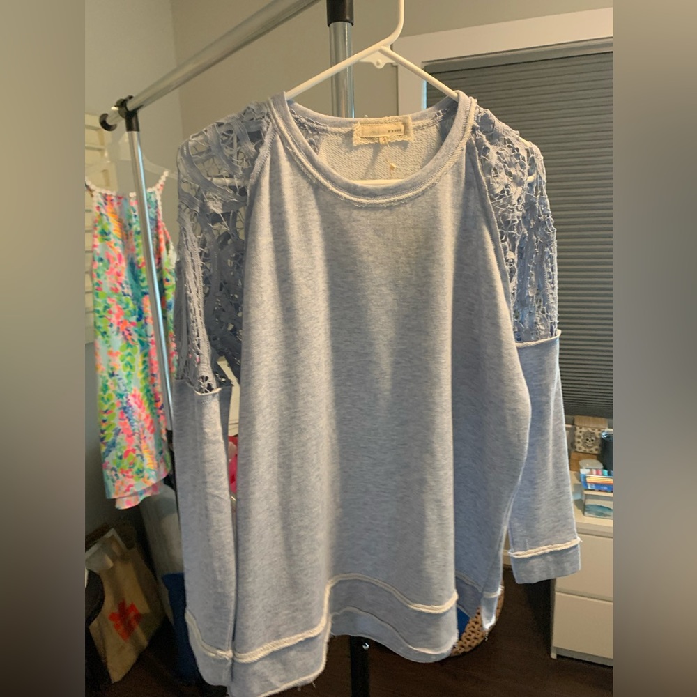 Brand new light blue women’s sweater with Lace detailing on shoulders